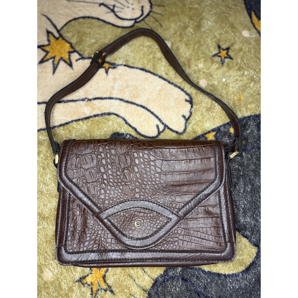 Vintage Brown Faux Croc Embossed Shoulder Bag Made‎ in Hungary Yellow Lining